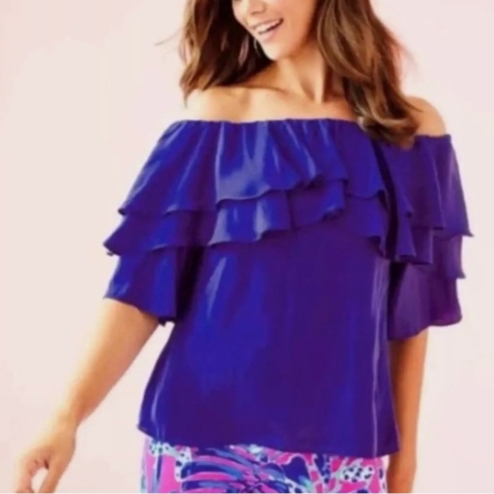 Lilly Pulitzer Haylee Ruffle Off The Shoulder Blouse Royal Blue Size XXS